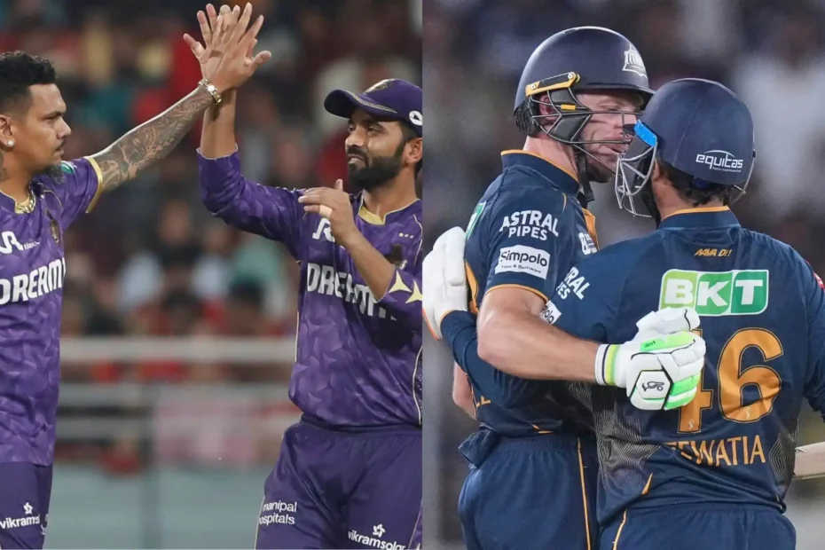 KKR vs GT - Cricket teammates in purple celebrate with a high-five on the left, while blue-clad players embrace in the background on the right.