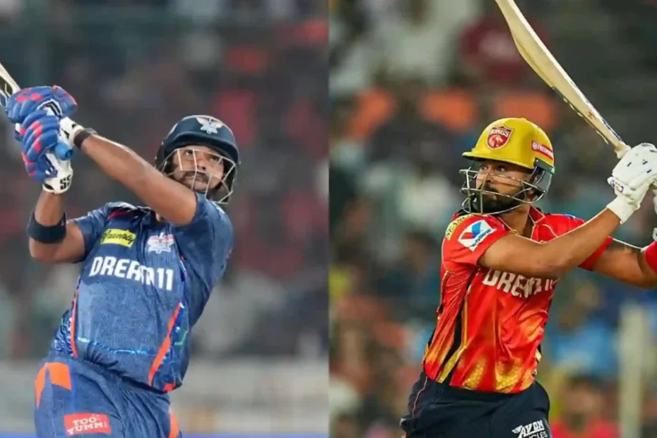 Two cricketers in action: left player in blue Dream11 kit swinging his bat, right player in red Dream11 kit also mid-swing in a split-screen image.