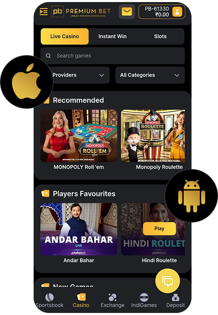 PB77 App for Android Mobile - Mobile betting app UI showing live casino and slots sections with recommended games and players' favorites; Android and Apple icons overlaid.