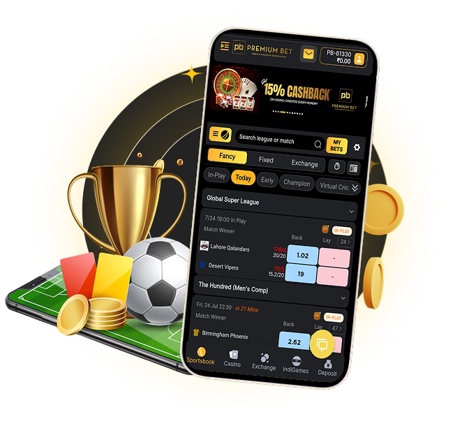 PB77 Bet on Cricket Football More - Smartphone displaying a betting app interface with live bets, surrounded by a trophy, soccer ball, and coins