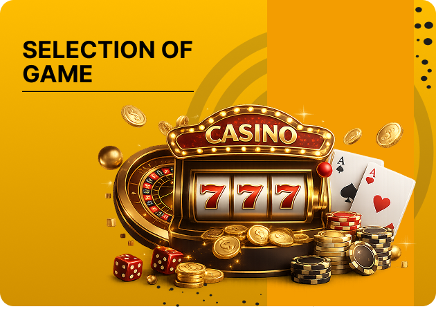 PB77 Broad Selection of Games - Casino game selection banner featuring a slot machine, roulette wheel, cards, and poker chips on a yellow background with bold text SELECTION OF GAME.
