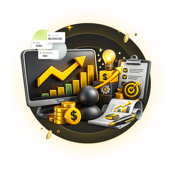 PB77 Earn Commission with Premium Bet - Gold and black business illustration showing a rising chart on a monitor, coins, dollar signs, and financial reports/clipboard for finance analytics.