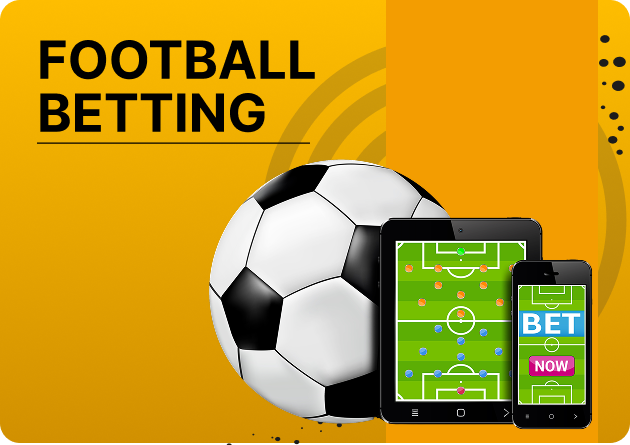 PB77 Football Betting - Football betting concept: soccer ball beside a tablet and smartphone showing a betting app on a yellow background