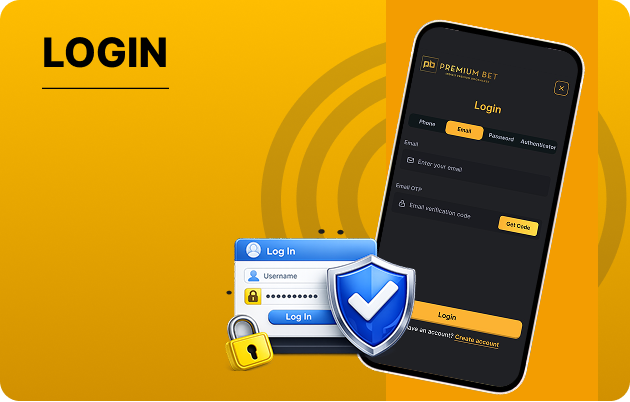 PB77 Log In to Your Account - Orange gradient background with the word LOGIN, a smartphone displaying a login form, and security icons (shield and padlock) signaling a secure login.