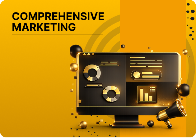 PB77 Marketing Resources - Bright yellow background with the bold text 'COMPREHENSIVE MARKETING' beside a monitor displaying charts and graphs.