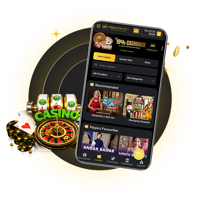 PB77- Play Online Casino Games - Smartphone screen displays a casino app with tabs and 'Recommended' games, surrounded by a roulette wheel, chips and cash
