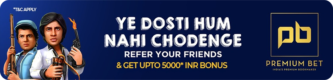 PB77 Refer Earn - Promo banner for Premium Bet refer-a-friend offer; two animated characters with guns on left, bold Hindi text about rewards and up to 5000 INR bonus on right logo area.