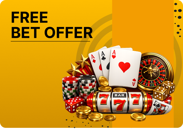PB77 Risk-Free Bet - Promotional banner reading 'FREE BET OFFER' with playing cards, poker chips, dice, roulette wheel and gold coins in a casino theme
