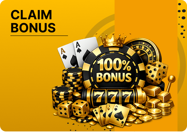 PB77 Signup Bonus - Promotional casino graphic: gold and black '100% BONUS' chip with dice, cards, coins; 'CLAIM BONUS' text on a yellow background.
