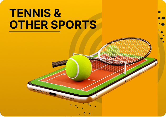 PB77 Tennis Other Sports Betting - Smartphone showing a tennis court, racket, and ball on screen against an orange background with the text 'TENNIS & OTHER SPORTS'.