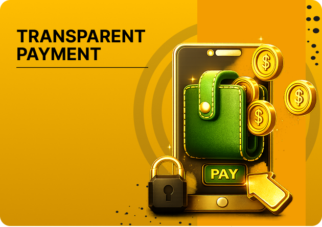 PB77 Transparent Commission Payments - Promotional image illustrating transparent payments: a smartphone with a green wallet, gold coins, a lock, and a PAY button.