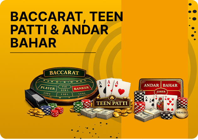 pb77 Baccarat Teen Patti Andar Bahar - Promotional banner for Baccarat, Teen Patti and Andar Bahar featuring casino chips, playing cards and stacks of cash on a yellow background.