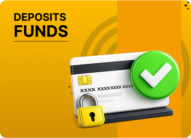 pb77 Deposit Funds and Place First Bet - Credit card with a padlock and a green checkmark on a yellow-orange background, signaling secure deposits/funds.