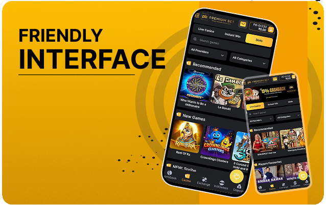 pb77 Fast Simple Mobile-Friendly - Bold orange graphic with the words 'FRIENDLY INTERFACE' and two tilted smartphones showing a dark betting app interface with sections like Live Centre, Recommended, and New Games.