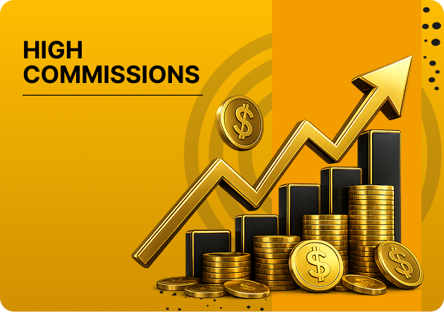pb77 High Commissions - Gold financial illustration with stacked coins and a rising bar chart, an upward arrow, and the label 'High Commissions' on a yellow background.