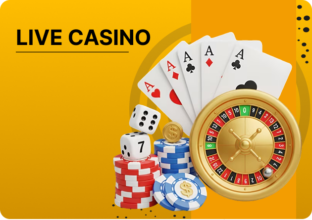 pb77 Live Casino with Real Dealers - Promotional live casino banner with playing cards, roulette wheel, dice, and poker chips on a gold background.