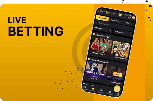 pb77 Live Sports Betting - Bright yellow ad banner advertising live betting with a tilted smartphone displaying a betting app's 'Recommended' games and casino sections.