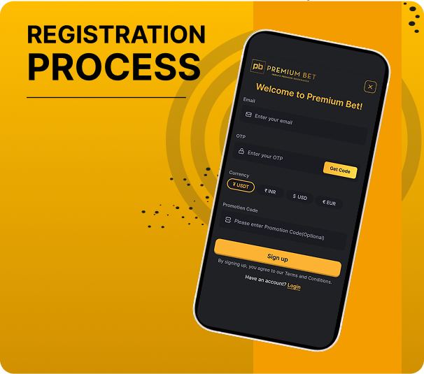 pb77 Registration Account Verification - Yellow banner titled 'Registration Process' with a tilted phone displaying a Premium Bet signup form on the screen.