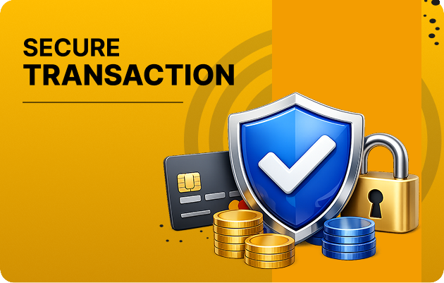 pb77 Safe Payments - Orange background with the words 'SECURE TRANSACTION', featuring a blue shield with a white checkmark, a credit card, coin stacks, and a padlock to convey secure payments.