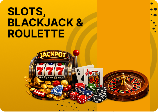 pb77 Slots Blackjack Roulette - Casino-themed banner showing a slot machine, playing cards, chips, and a roulette wheel on a yellow background with bold 'SLOTS, BLACKJACK & ROULETTE' text.