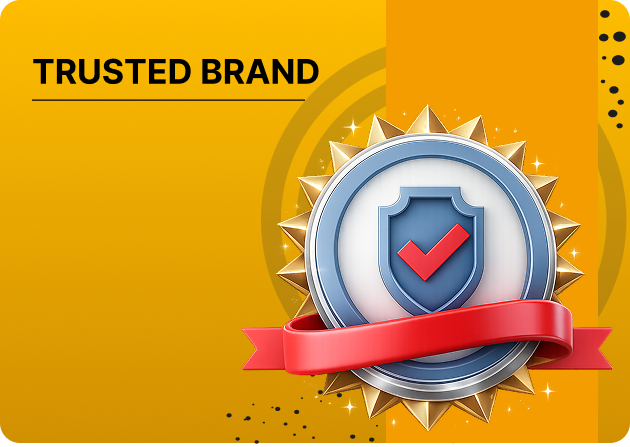pb77 Trusted Brand - Gold award badge with blue shield and red checkmark on a yellow background, conveying a trusted brand.